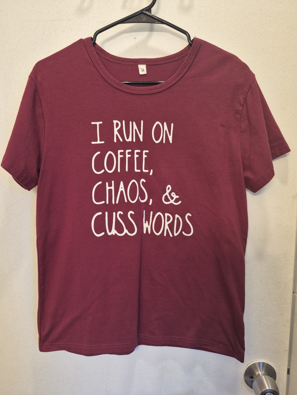 Kids Burgundy Graphic Tee - I Run On Coffee, Chaos & Cuss Words